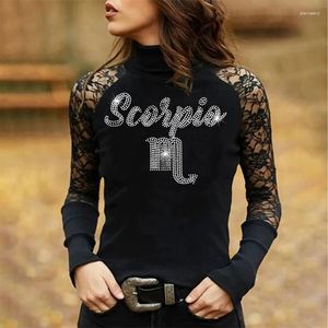 T-shirt da donna Casual Sexy Collo alto a maniche lunghe in pizzo T-shirt a punto tinta unita Camicetta Top Pullover Design Strass Abbigliamento