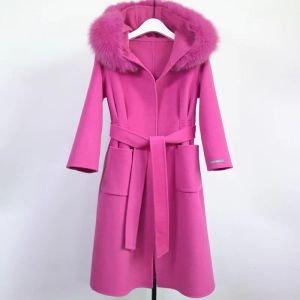 Fur Winter Cashmere Coat Women Real Fur Coat Midlength Wool Jacket Camel Black Outerwear Fox Fur Collar and hooded red woolen coat