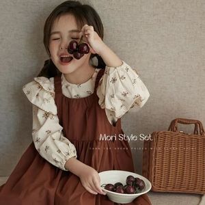 Girls Dress Set 2023 Spring Autumn Fashionable Floral Shirt and Retro Strap Princess Sweet Casual Two Piece 240223