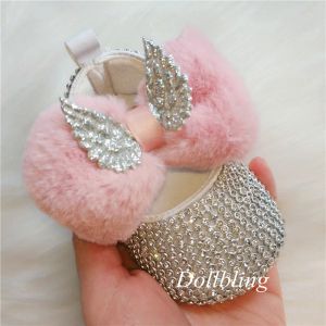 Outdoor Dollbling Pink Fluffy Silver Wing Baby Shoes 1st Birthday Shabby Rose Flower Unique Keepsakes Newborn Gift Photography Shoes