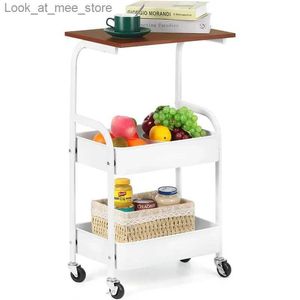 Shopping Carts Kitchen rolling storage vehicle 3-layer ultra-thin with wheels mobile multifunctional wooden tabletop white Q240227