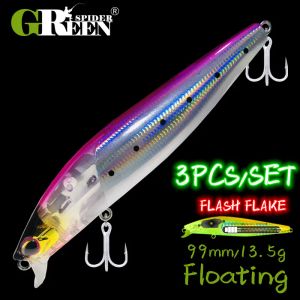 Esche GREENSPIDER 3 Pz/set 99mm 13.5g Lungo Casting Floating Minnow Lure Richiamo di Pesca Flash Flake Wobbler Spigola Luccio Crankbait