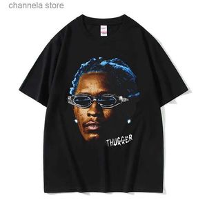 Erkek Tişörtler Rapçi Young Thug Thugger Mavi Mavi Nadir Grafik Tişört Erkekler Serin Hip Hop Büyük Boy T-Shirt Adam Retro Pamuk Kısa Kollu Tişört T240227