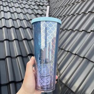 新しい人魚の女神スターバックス24oz/710mlダブルウォールプラスチックタンブラー再利用可能なクリアドリンクカーマグフラットボトムグラデーションカラー水カップと蓋ストロー1103