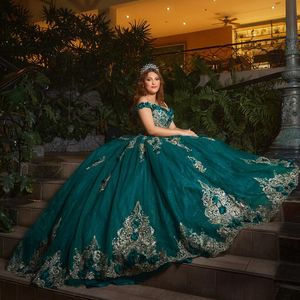 Verde brilhante fora do ombro plissado vestido de baile quinceanera apliques de ouro rendas miçangas tull espartilho vestidos 15 de xv anos