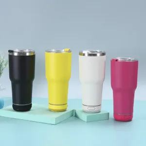 30oz Musik-Lautsprecher-Becher mit Strohhalm-Deckel, doppelwandige Edelstahl-Kaffeetasse, Trinkbecher mit wasserdichtem, kabellosem Bluetooth-Lautsprecher, abnehmbarem LED-Licht