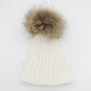 Berets GZHILOVINGL Big Pompoms Knitted Beanie Hat For Women Men Winter Natural Raccoon Fur Warm Hats China Factory