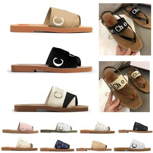 Designer tofflor trä platt botten mule sandaler sommar resor föremål kor tyg kvinnor tofflor ljus te ris vit svart spetsbrev tyg duk tofflor