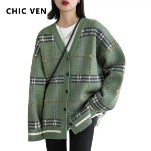 Jackets Chic Ven Autumn Winter 2021 Women's Sweaters Original Vintage Loose Vneck Plaid Knitted Cardigan Korean Women Ladies Warm Coat