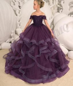 Girl039s Dresses Deliacate Dark Purple Ball Toddler Birthday Flower Girl Appliques Off Shoulder Wedding Party Fashion Show3302488