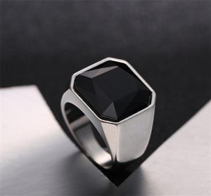 Fashion Mens Signet Rings Stainless Steel color silver Band with Black Stone Inlay Ring for Men Vintage Biker Jewelry Bague Anel M7925318