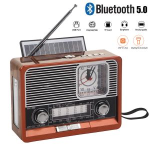 ラジオソーラーレトロラジオFM AM SWポータブルレシーバーBluetoothスピーカーMP3音楽プレーヤーLEDライトサポートUSB TFカードAUX
