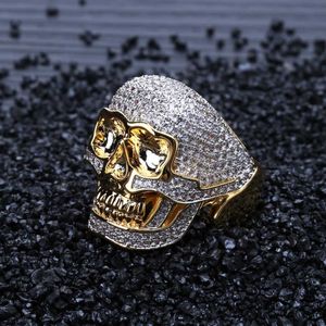 Hip Hop Copper Two Tone Skull Ring Iced Out Micro Paved Cubic Zircon Punk Fahion Ring for Men Women2166