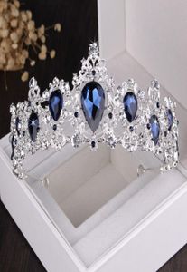 Luxuriöses, barockes, vergoldetes, blaues Kristall-Braut-Set mit Halskette, Ohrringen, Tiara, Krone, Hochzeit, afrikanische Perlen, Schmuckset 92QQ6049943