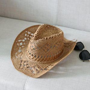 Berets Cowboy Hat Classic Vintage Hollow Out Unisex Curled Edge Wide Brim Men Sun Fishing Handmade Travel Beach Sunshade Cap