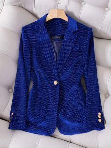 Blazers moda verde preto azul xadrez feminino formal blazer para outono inverno senhoras feminino manga longa único botão jaqueta com bolso