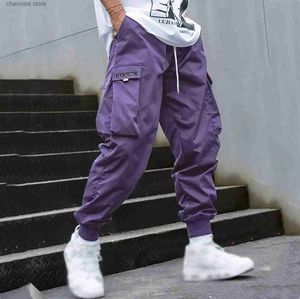 Herrbyxor mode män lastbyxor herr byxor hip hop joggers fickor lila män streetwear tröjor koreanska fotledslängd byxor t240227