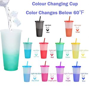 10pcs zmieniają kolor na filiżanki z pokrywkami i słomkami 710 ml plastikowe kubki Cute Moneted Coffee Cup wielokrotnego użytku BUSS dla cappuccino 240219