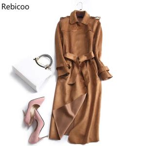 Trench novo outono camurça trench coat feminino abrigo mujer longo elegante outwear feminino casaco fino camurça vermelha cardigan trench