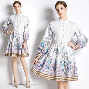 Casual Dresses Class High Blue Color Floral Big Swing Kne Length Autumn Long Sleeve Quality Chiffon Glam hackade nack T-shirt kjolar