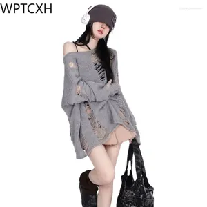 Kvinnors tröjor rippade tröjor kvinnor koreanska baggy chic enkel stickad sexig smock ulzzang streetwear mode vintage 2024 vår