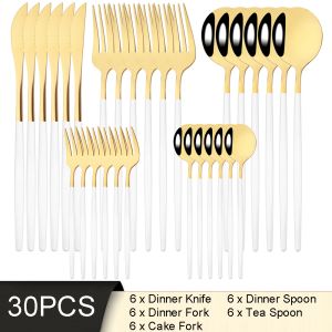 セット30pcsホワイトゴールドカトラリーセットステンレス鋼の食器ナイフケーキフォークスプーンディナーウェアセットキッチン銀製品