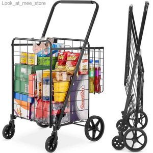 Shopping Carts Folding shopping cart 110 pound rolling grocery laundry multifunctional handcart with dual basket swing wheels and adjustable handle Q240228