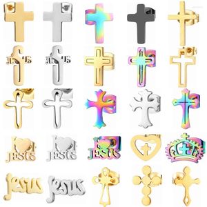 Studörhängen 12 par packar rostfritt stål set cross jesus öron studs piercing smycken grossist kristna katolisismetillbehör