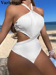 Mulheres Swimwear 2024 Sexy Halter Cut Out Enrugado One Piece Swimsuit Mulheres Swimwear Feminino Acolchoado Alto Perna Corte Banhista Banheira Swim V4758 T240227