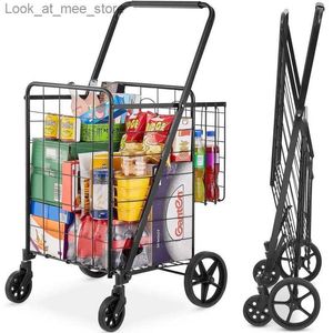 Shopping Carts Bentism Folding Shopping Cart 110 lbs Rolling Grocery Washing Cart Multi functional Handcart with Dual Basket Swinging Wheels Adjustable Q240227