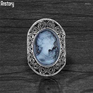 Cluster Rings Oval Lady Queen Cameo For Women Vintage Hollow Flower Antique Silver Plated Cocktail Party Fashion Jewelry