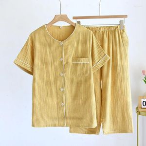 Women's Sleepwear 2024 Spring/Summer Couple Pajama Set Cotton Gauze Short Sleeves Capris Two Piece Men's And Checkered Home Fur