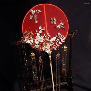 Fiori nuziali JaneVini Perle di lusso Ventaglio da sposa cinese Manico lungo con nappa Bouquet di bellezza per passerella da sposa antica con perline in oro rosso