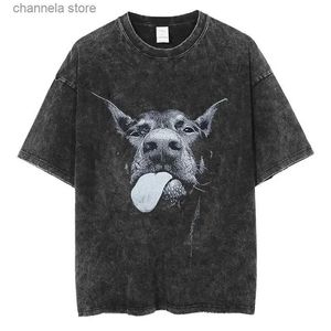 Herr t-shirts män tvättade vintage kort ärm t skjortor hiphop rottweiler doberman grafisk t-shirt herrar bomull överdimensionerade tee shirt streetwear t240227