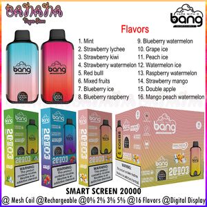 Autentico Bang Smart Screen 20000 Puffs Dual Mesh Coil Kit monouso per vaporizzatori Puff 20K Sigarette elettroniche Ricaricabile 650mAh Batteria 0% 2% 3% 5% 16 gusti Vaper