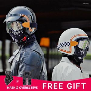 オートバイヘルメットゴーグル付きレトロオープンフェイスヴィンテージ3/4ハーフヘルメットクラシックスタイル4シーズンユニセックス男性女性ドット承認