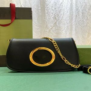 Högkvalitativ designer Blondie axelväskor Black Real Leather Cross Body Gold Tone Hasp Hasp Round Slåsande dubbelbokstav264T