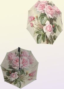 Vintage Shabby Floral Print Women Rain Paraply Chic Pink Rose Three Folding Girl Dålig bärbar automatisk Parapluie 2112271358057
