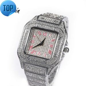 UWIN Luxus-Armbanduhr mit vollem Iced Out-Diamant für Mädchen, rosa digitales quadratisches Zifferblatt, rosa Zahlen, Uhren, Hip-Hop-Rapper-Schmuck