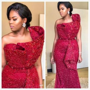 Modest Red Aso Ebi Arabic Evening Dresses 2020 Beaded Crystals Mermaid Prom Dresses Sequined Formal Party Gowns343J
