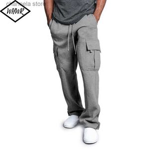 Men's Pants Autumn Winter Fleece Sweatpant Mens Casual Multi-pocket Loose Straight-leg Overalls Male Solid Color Thick Casual Pants T240227