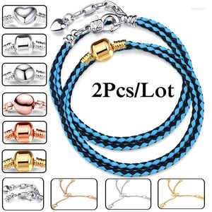 Charm Armbänder 2 teile/los Doppel Kreis Blau Leder Kette Fit DIY Perlen Armband Paare Pulsera Schmuck Geschenk Für Frauen Männer mädchen