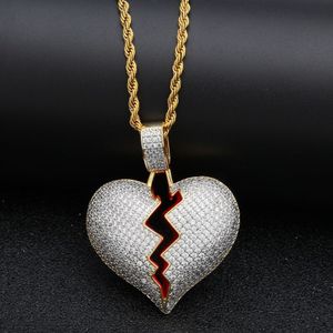 Iced Out CZ Broken Love Heart Pendant Halsband Bling Cubic Zirconia Gold Silver Charm ed Chain For Women Men Rapper Hip Hop 264h