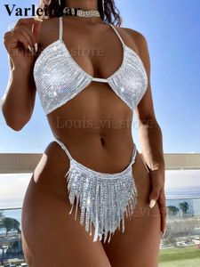 Women's Swimwear Shiny Halter Tassel High Leg Cut Bikini Female Swimsuit Women Swimwear Two-pieces Bikini set Bather Bathing Suit Swim Lady V3858 T240227