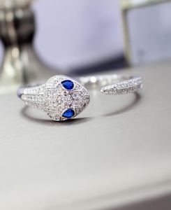 New designer high quality zircon stone paved blue eyes animal cuff bracelet bangle 18k white gold plated PUNK jewelry for women4761842
