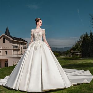 Lustrous cetim beleza vestido de baile vestidos de casamento frisado pérolas bordado rendas gola alta marfim brilhante frisado princesa vestidos de noiva