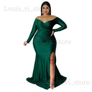 Basic Casual Dresses Plus Size Autumn Fashion Womens Sexy Dress Maxi 2023 Nightclub V-Neck Solid Split Long High Waisted Party Dresses Green T240227