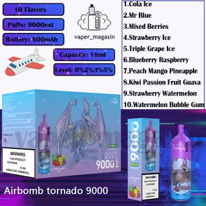 Bestseller Airbomb Tornado 9000 Puff Einweg-E-Zigarette 18 ml vorgeladene Kartusche 0 % 2 % 3 % 5 % Konzentration 10 Geschmacksrichtungen 600 mAh 9k Puffs Vape Pen