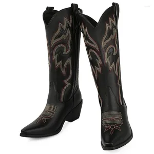 Botas IPPEUM Black Cowboy Country Western Mulheres Drop Bordado Mid Bezerro Couro Cowgirl