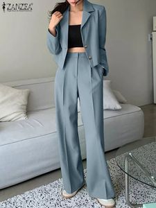 ZANZEA Elegant Blazer Suits Solid Fashion Matching Sets Long Sleeve Tops Wide Leg Pants Vintage Casual Tracksuit Work Suit 240219